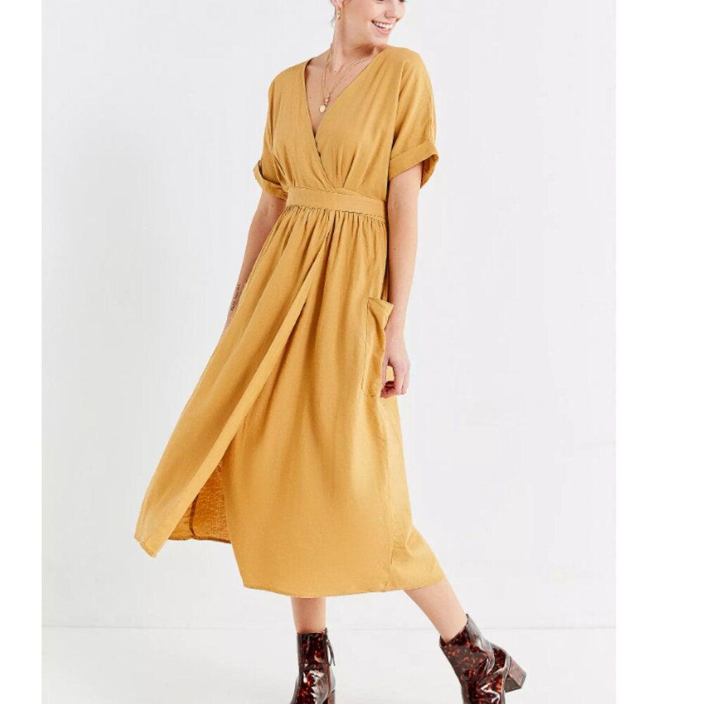 UO Gabrielle Gold Linen Midi Wrap Dress Pockets Rayon Small Mustard